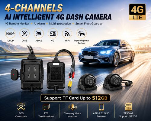 Trước và sau Dash Cam 4CH ADAS DMS Auto Video Recorder Với 4G GPS WIFI Máy ảnh từ tính cho xe tải