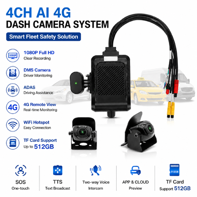 Máy ảnh bảng điều khiển thông minh 4G AI 4 kênh, ADAS + DMS + BSD Active Safety,1080P + 720P ghi lại cho taxi