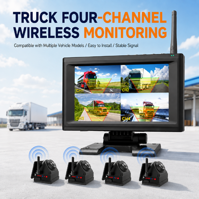 Camera hành trình không dây 4CH 720P dành cho Xe tải, RV & Xe buýt – Báo động IPS BSD 7 inch, Giá đỡ từ tính, Có thể sạc lại, Plug-and-Play, Có thể mở rộng 1-4CH