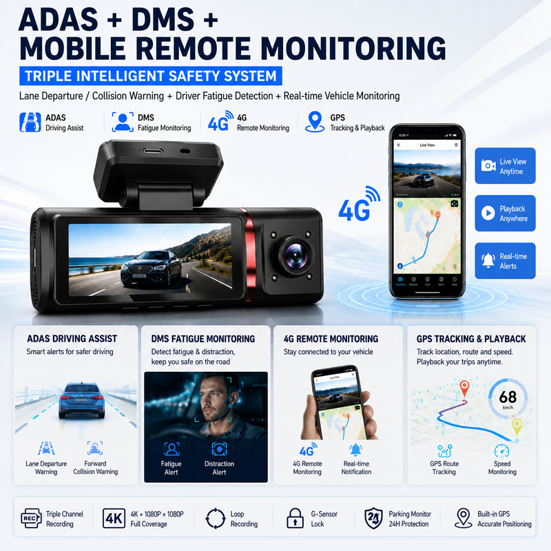 Camera hành trình 3 kênh AI 4G Mặt trước 4K, ADAS & DMS, Theo dõi GPS, Giám sát đỗ xe 24/7