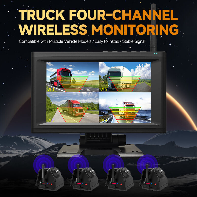 Camera hành trình không dây 4CH 720P dành cho Xe tải, RV & Xe buýt – Báo động IPS BSD 7 inch, Giá đỡ từ tính, Có thể sạc lại, Plug-and-Play, Có thể mở rộng 1-4CH