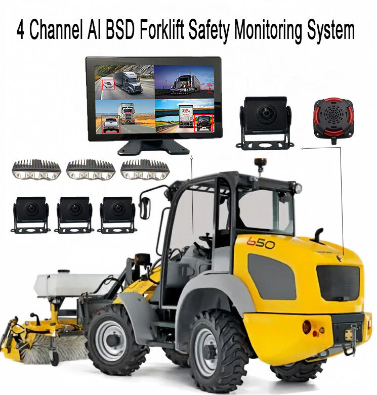 Hệ thống giám sát an toàn xe nâng AI BSD 4 kênh Camera/màn hình 1080P/đèn báo LED/thích hợp cho máy móc hạng nặng