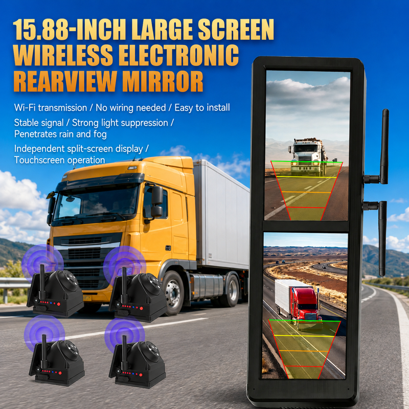 Gương chiếu hậu điện tử không dây màn hình cảm ứng 15,88 inch với 4 camera từ tính năng lượng mặt trời chia màn hình BSD cho xe tải hạng nặng